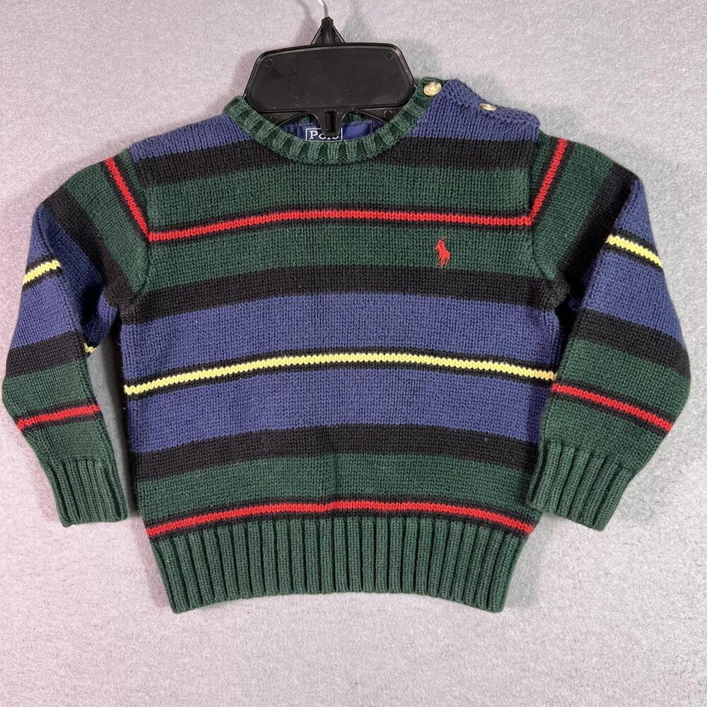 Polo By Ralph Lauren Sweater Boys 18-24M Green Striped Button Shoulder Pullover